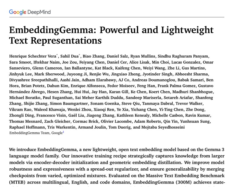 EmbeddingGemma: Powerful and Lightweight Text Representations
