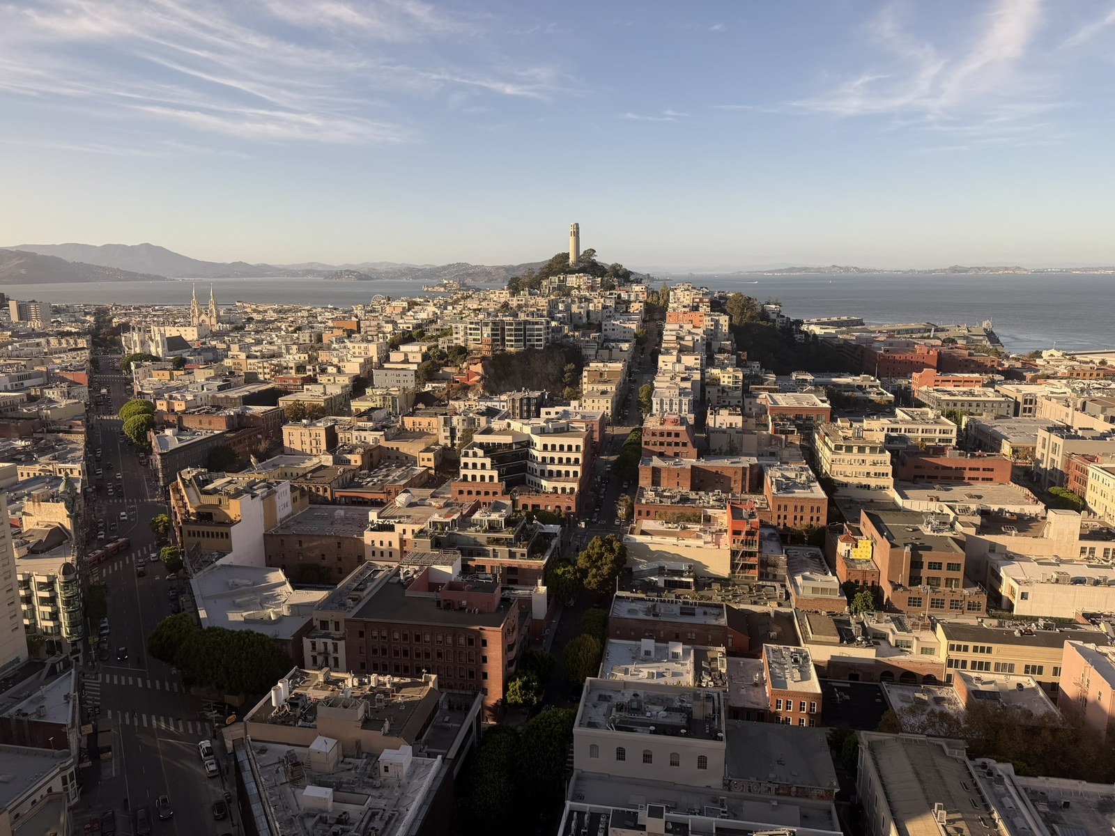 A view across San Francisco rooftops toward Coit Tower and the bay.